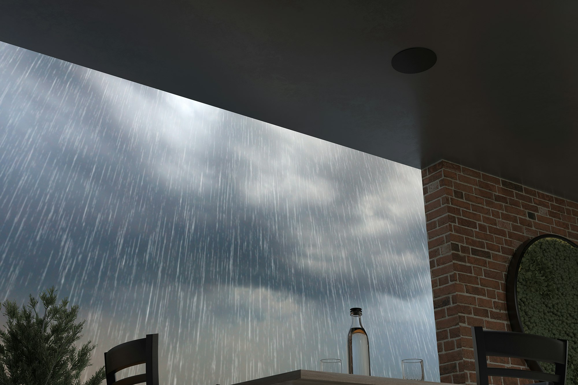 PIC 650 T with IPX5 Waterproof Protection Installed on Restaurant Patio near Heavy Rain 2000x1333